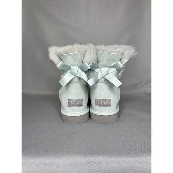 Womens Ugg Boots Sz 8 Ice Blue Bailey Bow Mini Suede Sherpa Coquette Festival - Picture 3 of 13